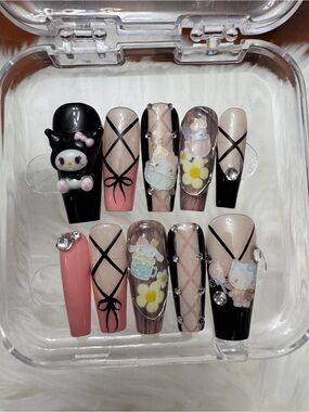 Cute Black & Pink Character 3D Press-On Nails